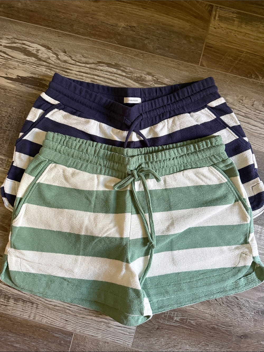 Maurice’s Striped Terry Drawstring Shorts - Green/White. 2 pairs included